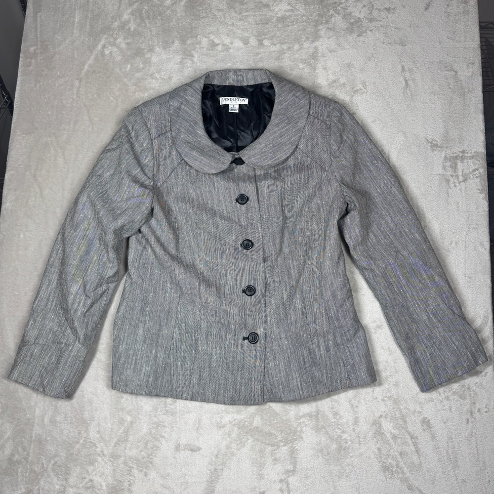 Vintage Pendleton Wool Silk Blend Textured Black White Button Front Blazer 8P